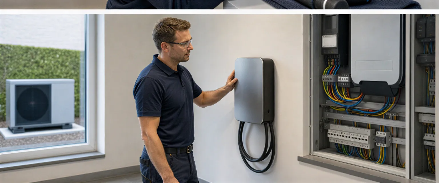 Ein Elektriker führt eine Endkontrolle an einer Wandladestation für Elektroautos in einem modernen Technikraum durch.