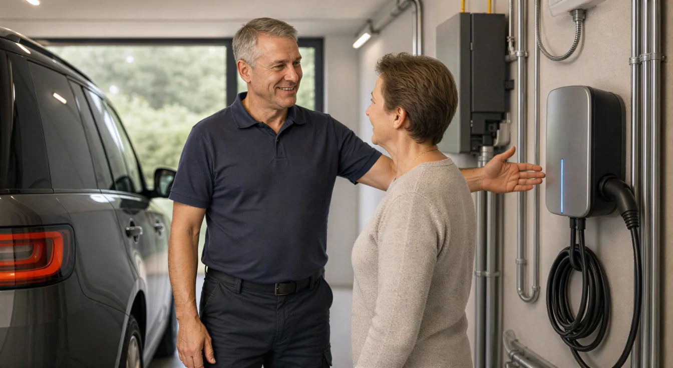 Ein erfahrener Elektriker erklärt einem Hausbesitzer eine neu installierte Wallbox für Elektroautos in einer sauberen Garage.