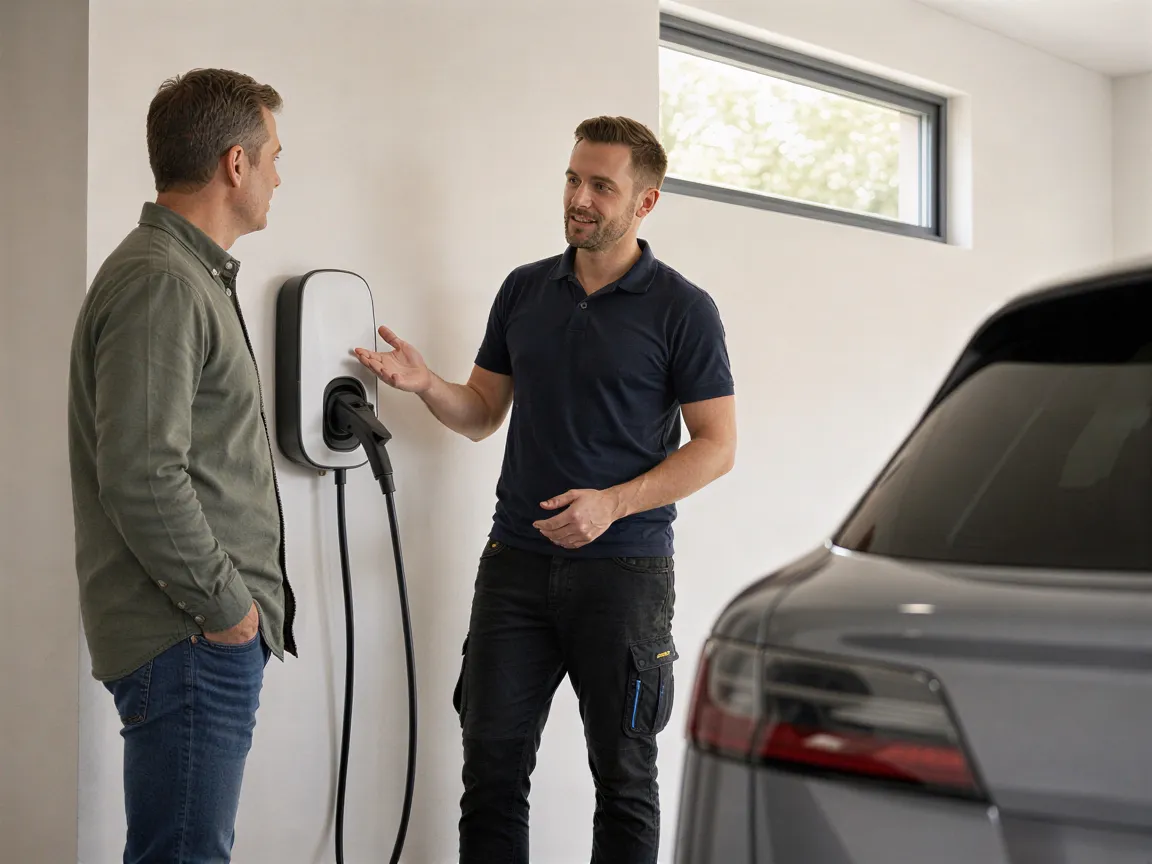Ein Elektriker erklärt einem Hausbesitzer eine neu installierte Wallbox-Ladestation in einer sauberen Garage.