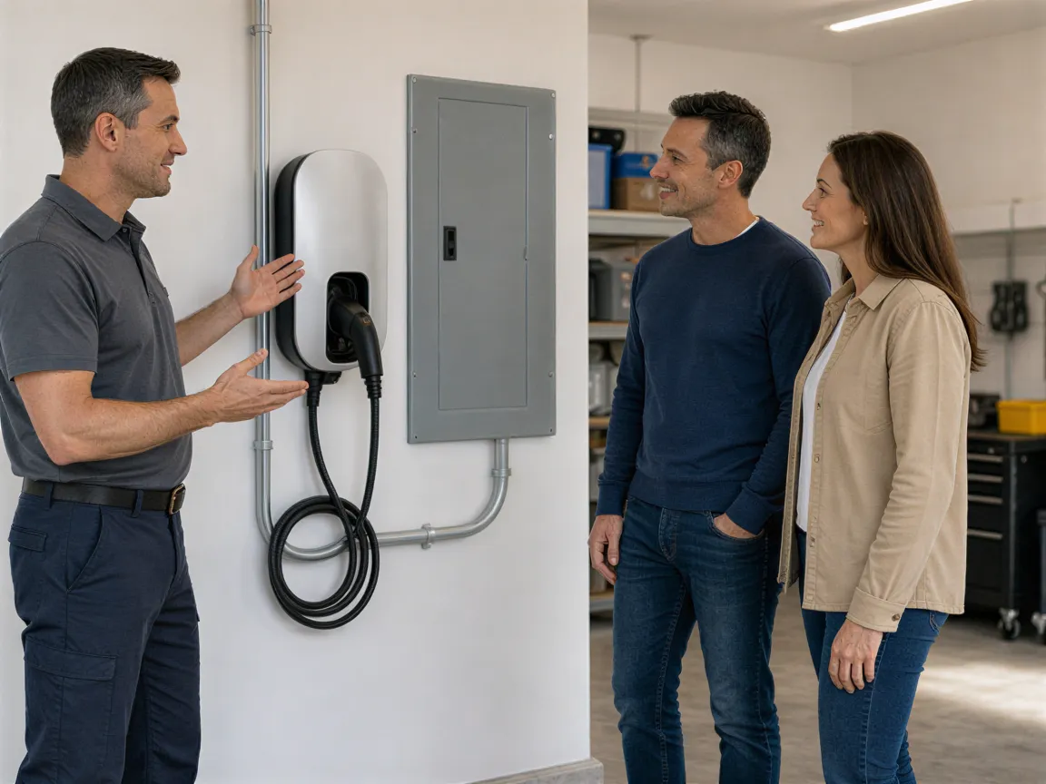 Ein Elektriker zeigt einwandfrei installierte Wallbox für Elektroauto einem zufriedenen Hausbesitzerpaar.