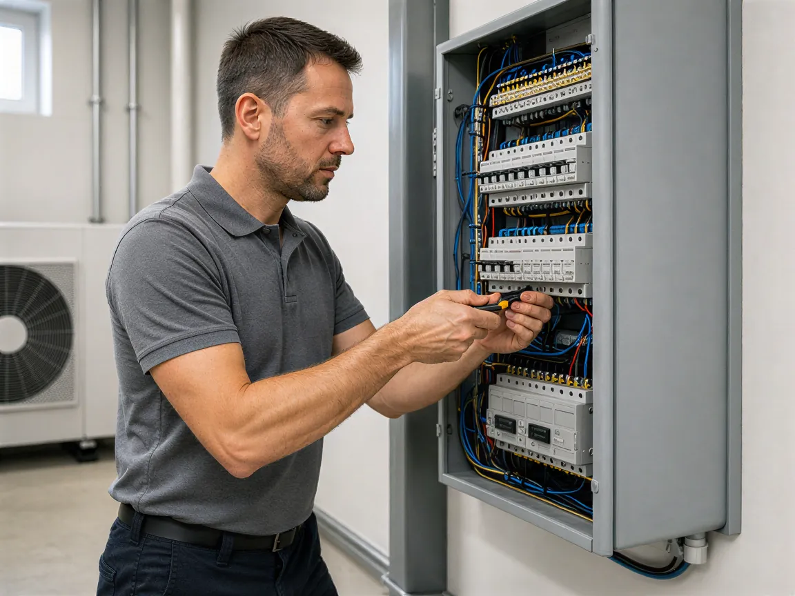 Ein Elektriker verbindet sorgfältig Kabel in einem sauberen, modernen Sicherungskasten.