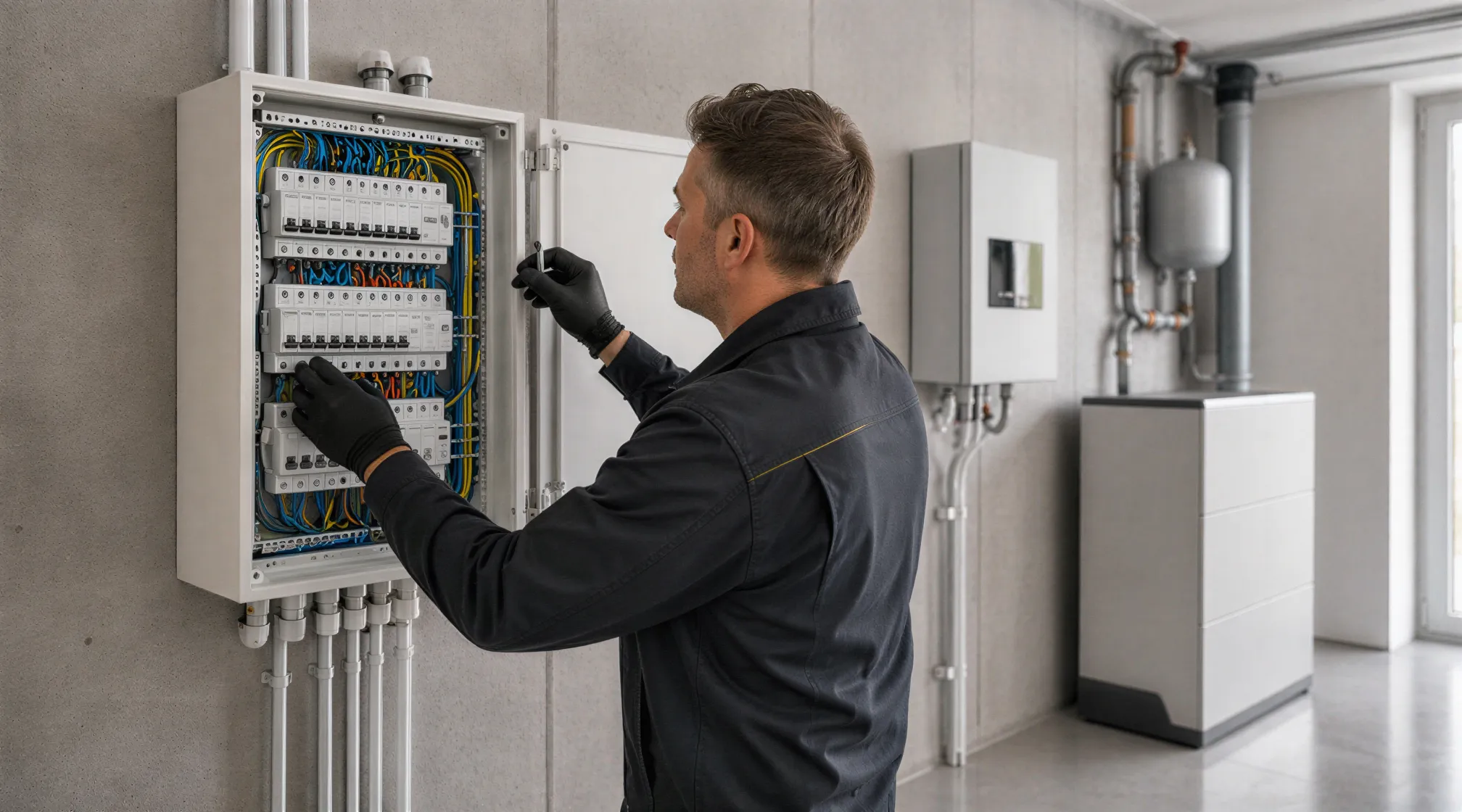 Ein Elektriker prüft ein farbcodiertes Verteilersystem in einem modernen, hellen Technikraum.