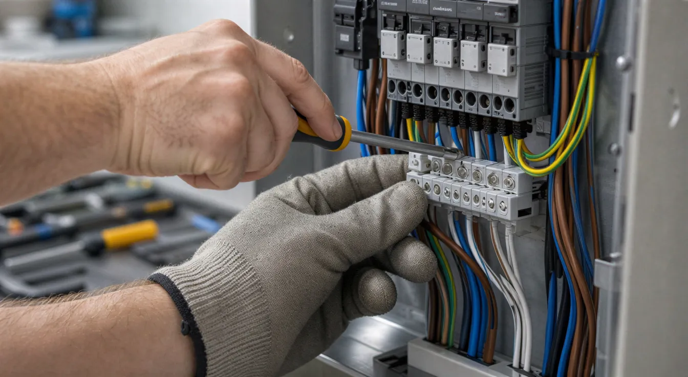 Ein Elektriker mit Arbeitshandschuh befestigt eine Leitung an einem modernen Sicherungskasten.