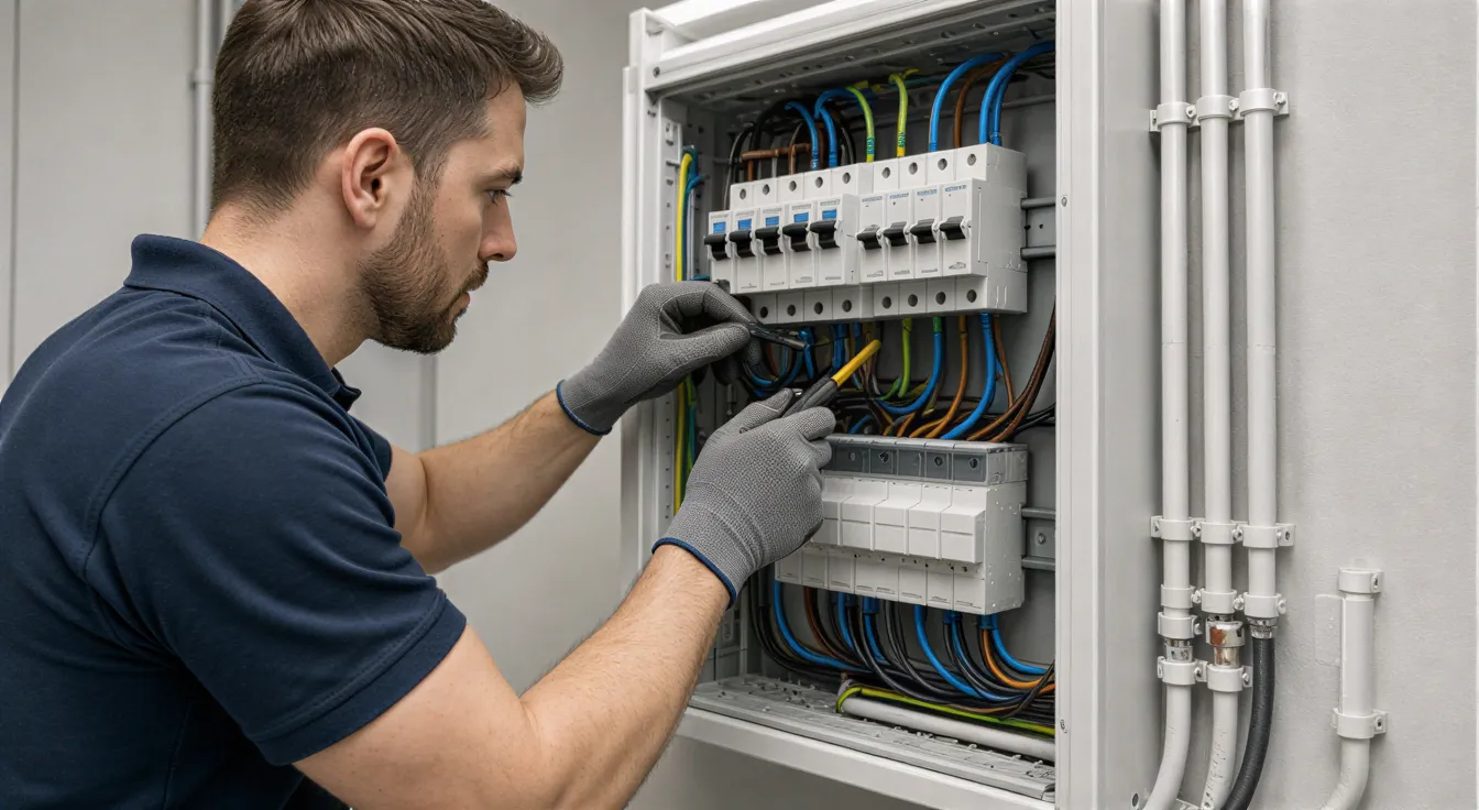 Ein Elektriker installiert präzise einen Schaltkasten in einem sauberen, modernen Technikraum.