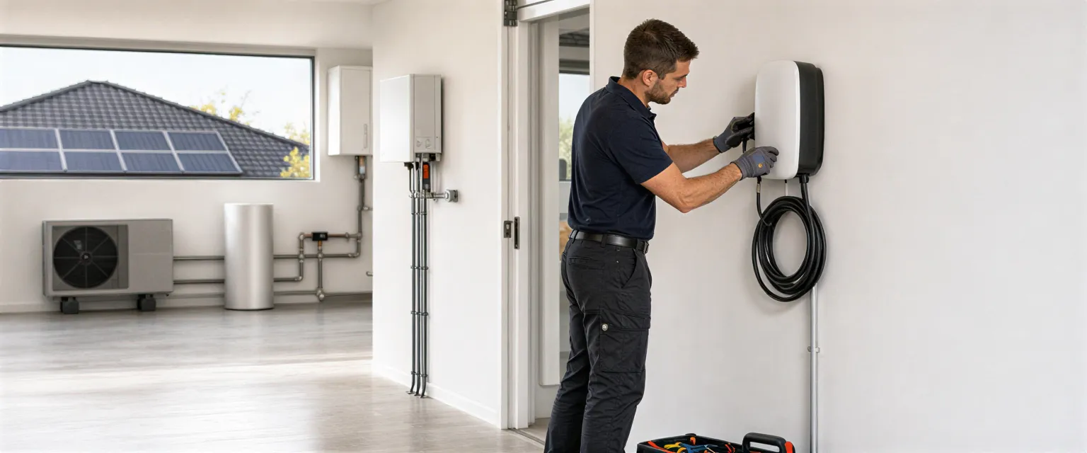 Ein Elektriker installiert eine Wallbox für Elektroautos an einer weißen Garagenwand.