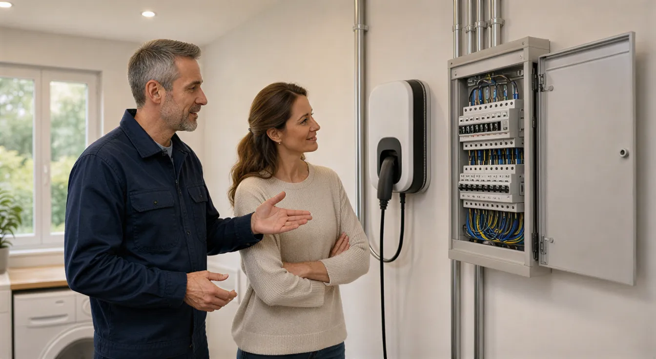 Ein Elektriker zeigt einem Hausbesitzer eine neu installierte Ladestation für Elektroautos in einem modernen Technikraum.