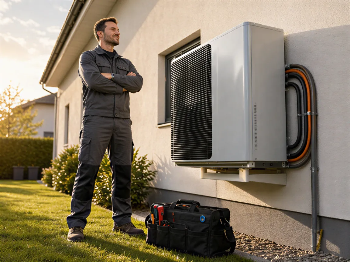 Ein Elektriker steht neben einer modernen Wärmepumpe an der Außenwand eines Hauses.