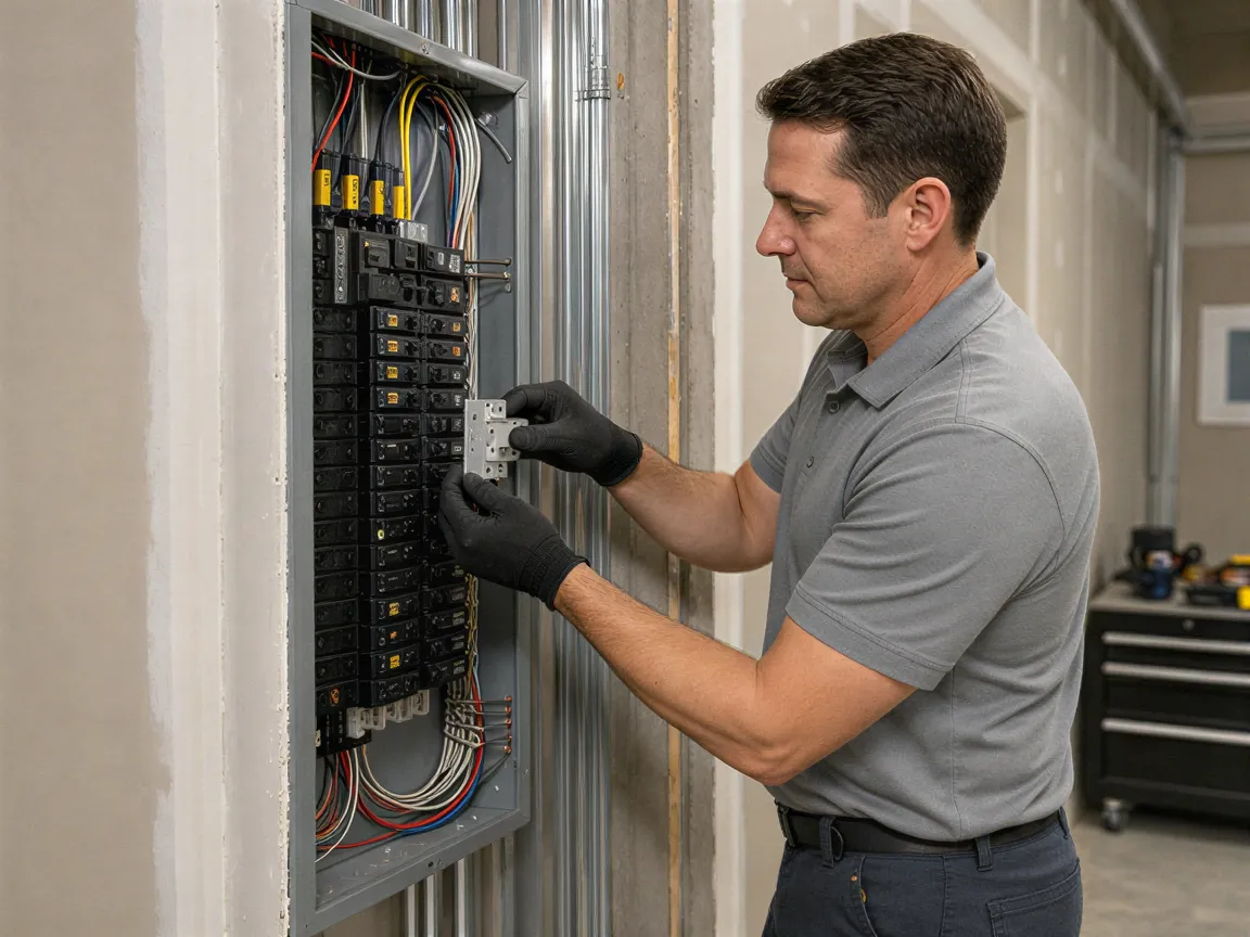 Ein Elektriker installiert einen Schaltkreis in einem sauberen, modernen Elektroverteilerraum.