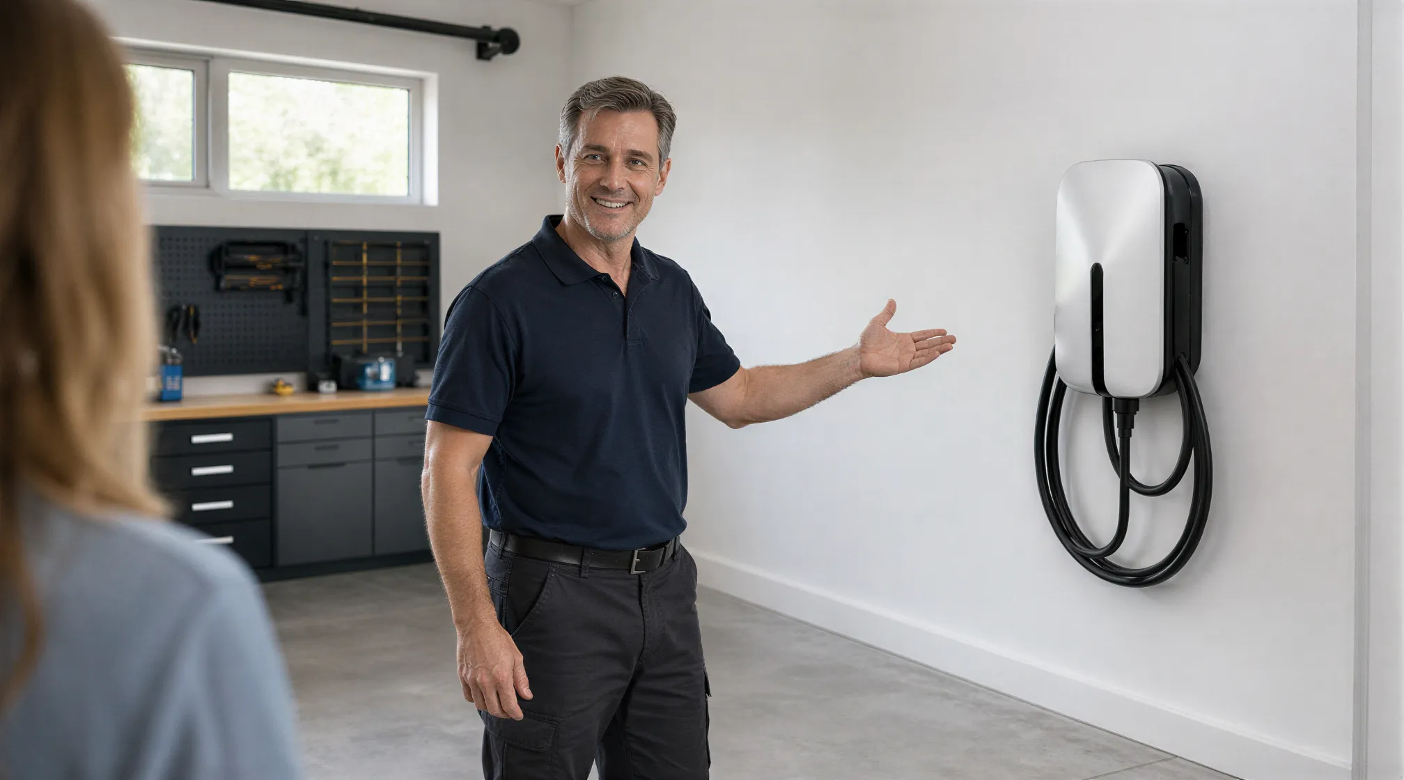 Ein Elektriker zeigt lächelnd einen neu installierten E-Auto-Wandlader in einer hellen, renovierten Garage.