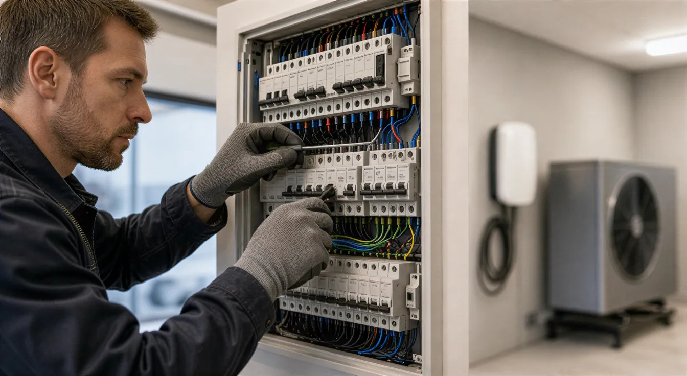 Ein Elektriker in sauberer Arbeitskleidung verbindet präzise Drähte in einem modernen Sicherungskasten in einer Garage.