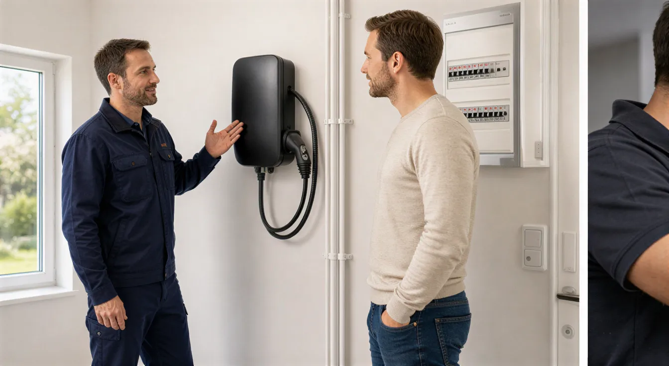 Ein Elektriker erklärt einem Kunden eine neu installierte Wallbox-Ladestation in einem renovierten Hauswirtschaftsraum.