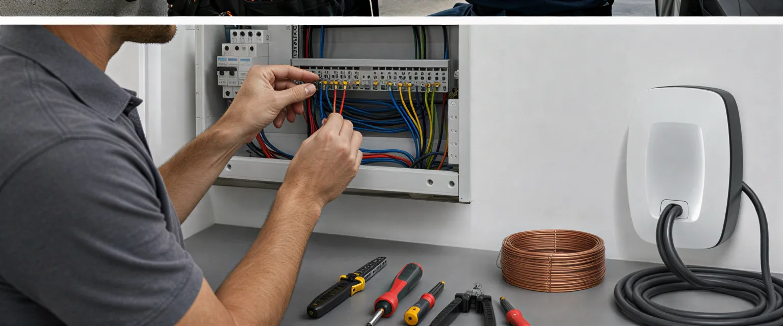Ein Elektriker verbindet farbige Kabel in einem sauberen Verteilerkasten, Werkzeuge liegen ordentlich bereit.