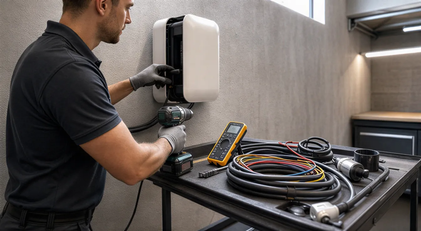 Ein Elektriker installiert eine Wandladestation in einer modernen Garage, mit Werkzeugen und Kabeln auf einer Arbeitsablage.