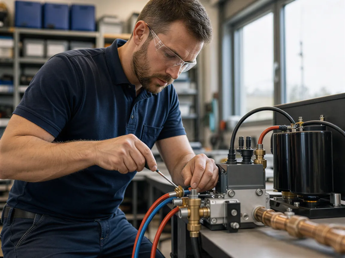 Ein Elektriker in einer Werkstatt montiert präzise elektrische Komponenten für ein Heizsystem.
