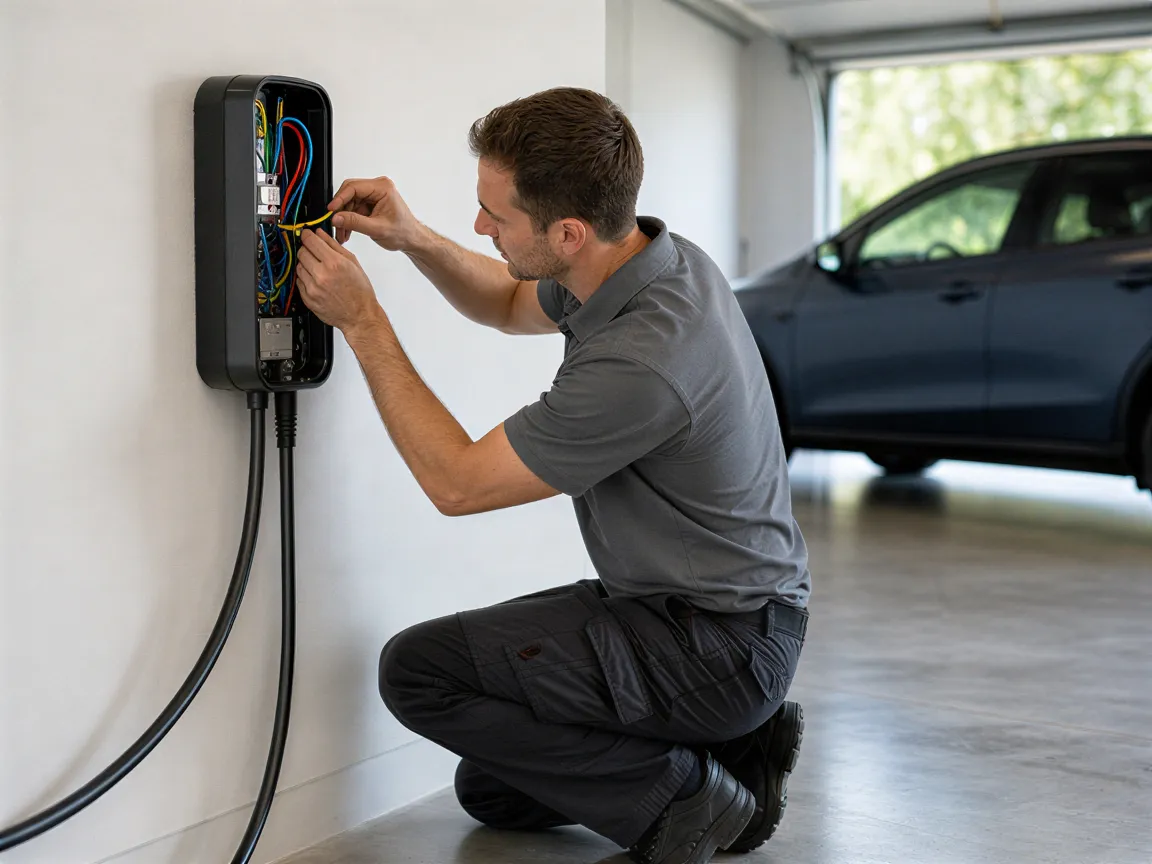 Ein Elektriker installiert eine Wandladestation für ein Elektroauto in einer sauberen Garage.