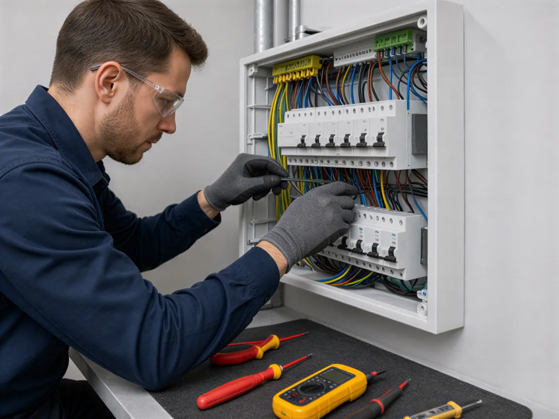 Ein Elektriker in blauer Arbeitskleidung verbindet farblich kodierte Kabel in einem modernen Sicherungskasten.