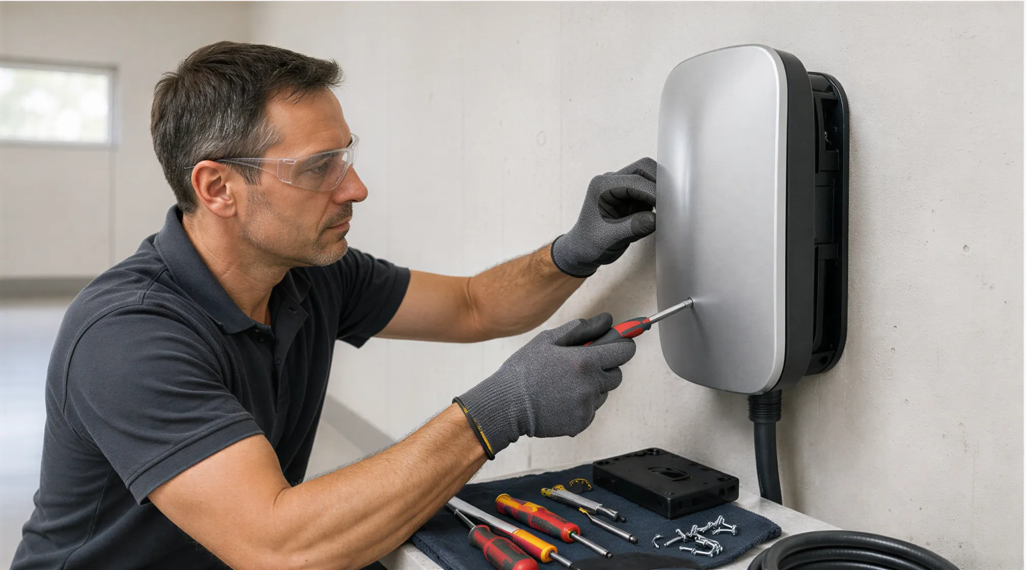 Ein Elektriker installiert sorgfältig eine moderne Wallbox für Elektroautos an einer weißen Garagenwand.