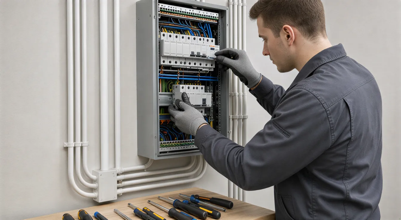 Ein Elektriker installiert einen Sicherungsautomaten in einem sauberen, modernen Wohnungsschaltkasten.
