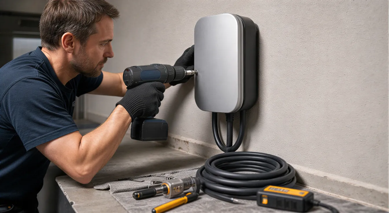 Ein Elektriker montiert eine moderne Wallbox-Ladestation für Elektroautos an einer Garagenwand.
