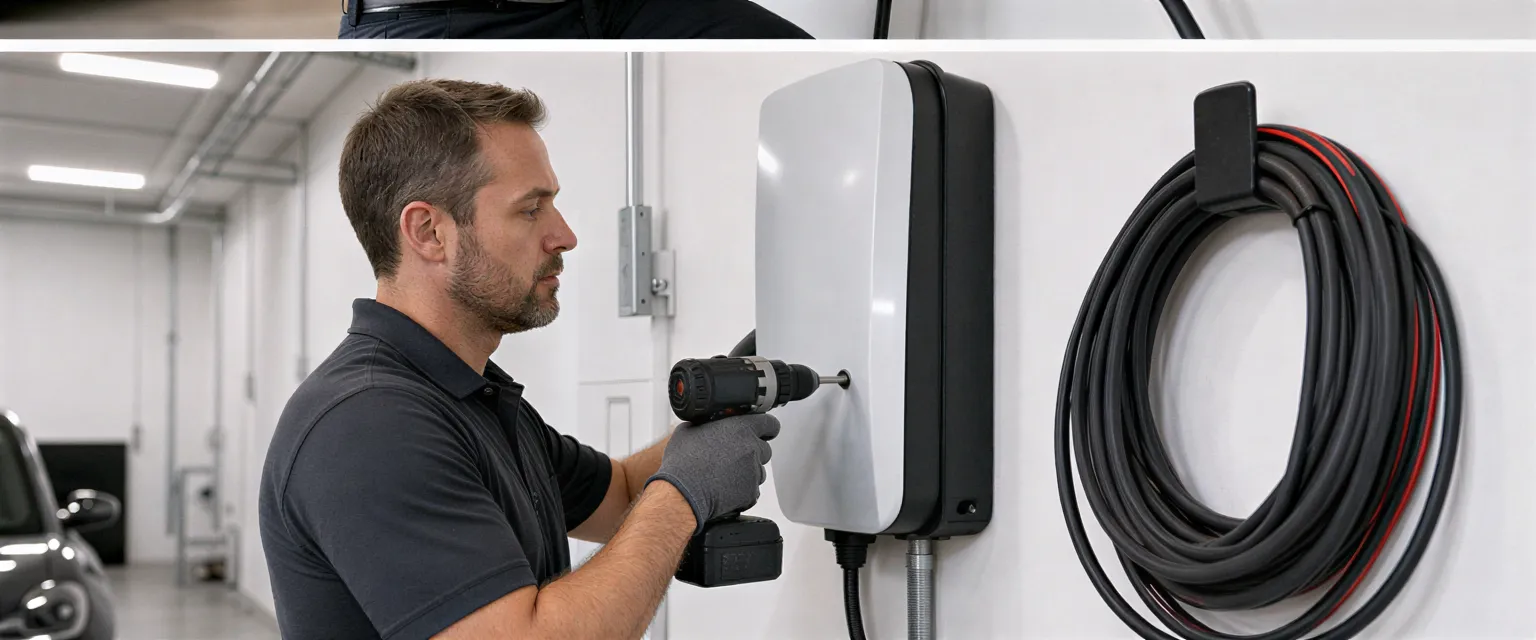 Ein Elektriker installiert eine moderne Wallbox-Ladestation an einer weißen Garagenwand.