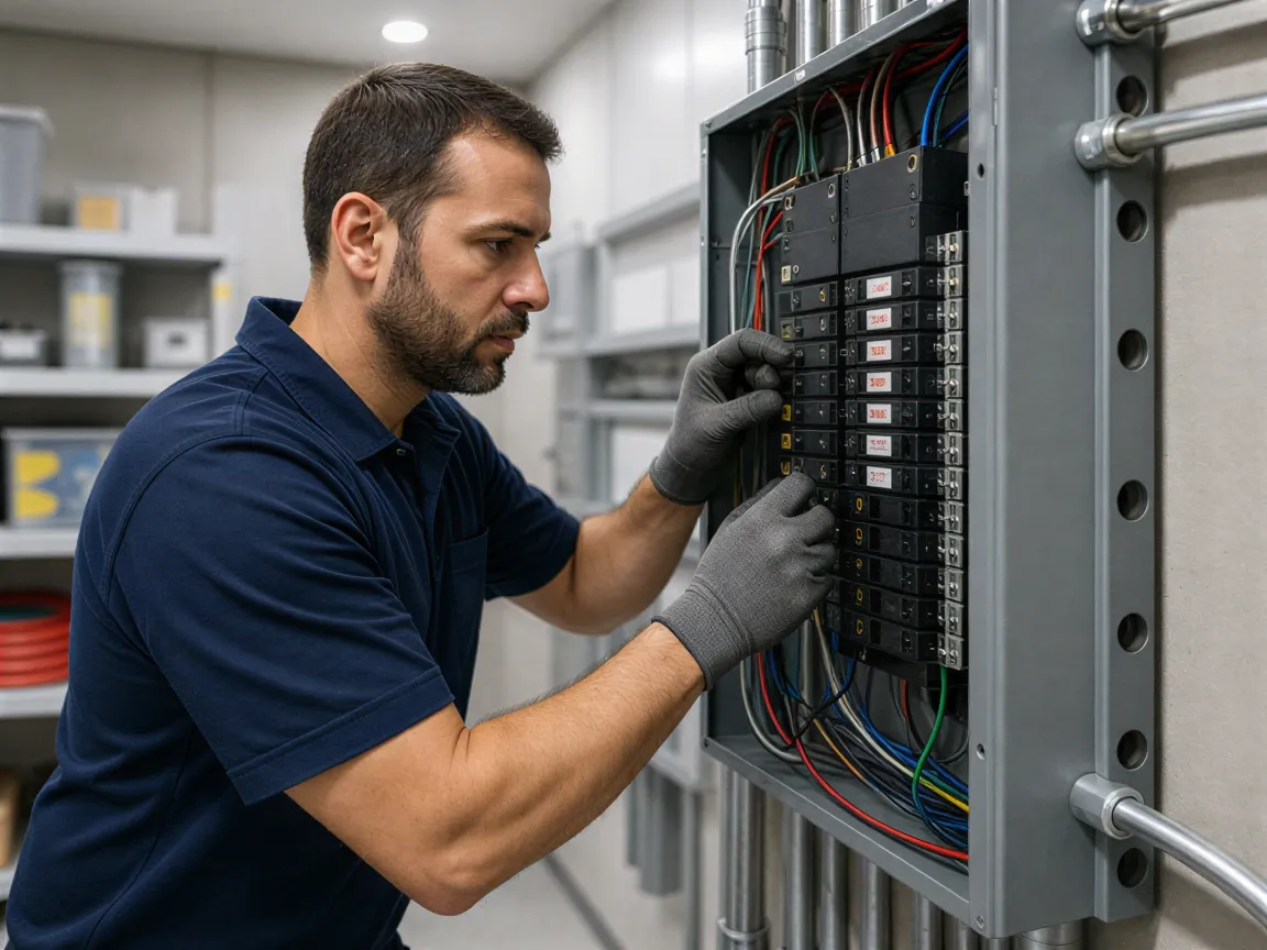 Ein Elektriker installiert präzise einen grauen Sicherungskasten in einem modernen Elektroraum.