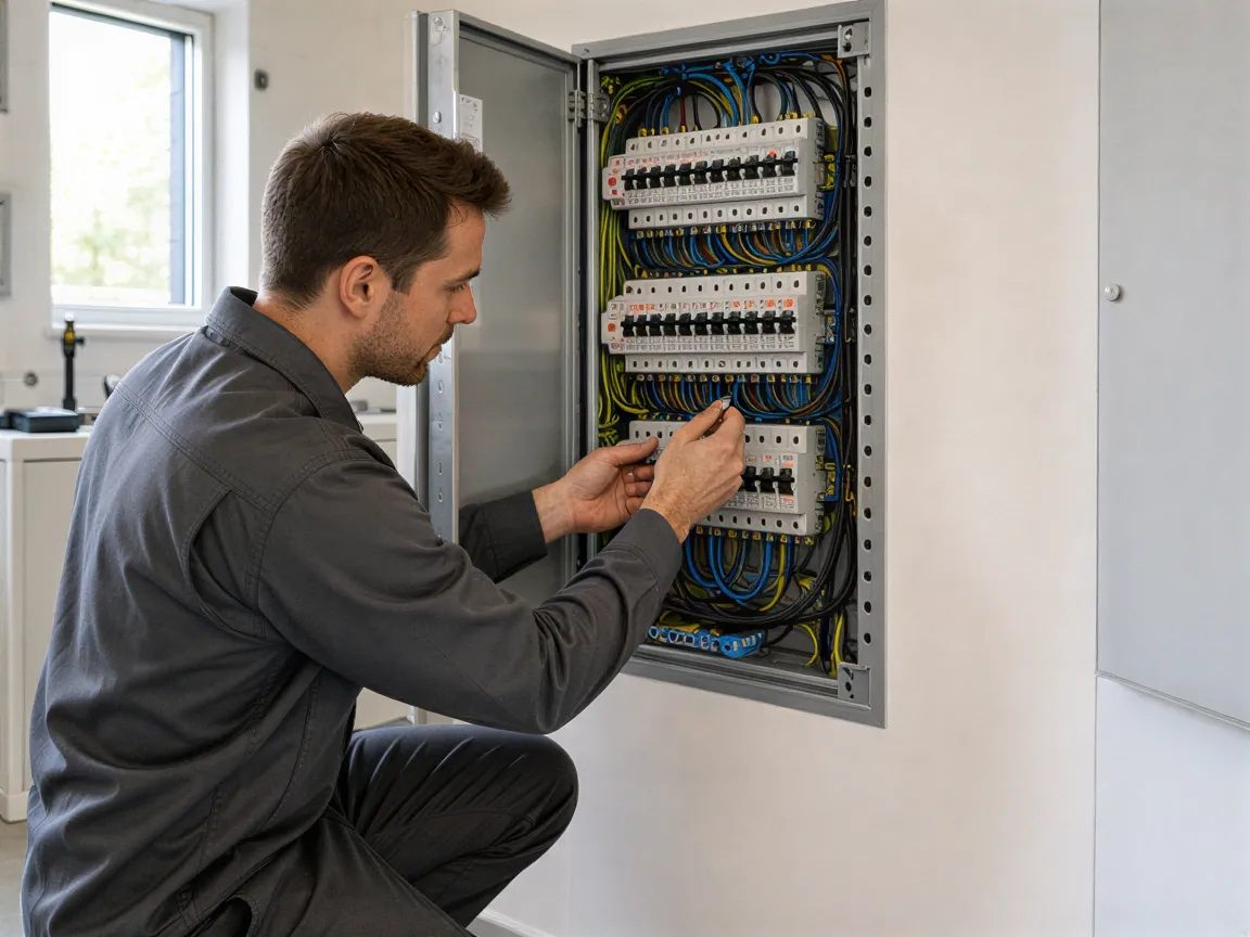 Ein Elektriker schließt die letzten farbcodierten Kabel in einem sauberen Verteilerkasten in einem hellen Technikraum an.