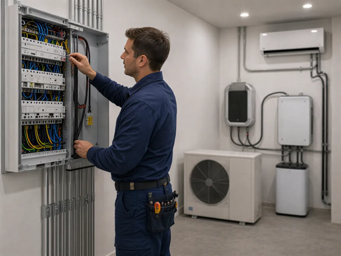 Ein Elektriker in blauer Arbeitskleidung prüft einen neu installierten Verteilerkasten in einem modernen Technikraum.
