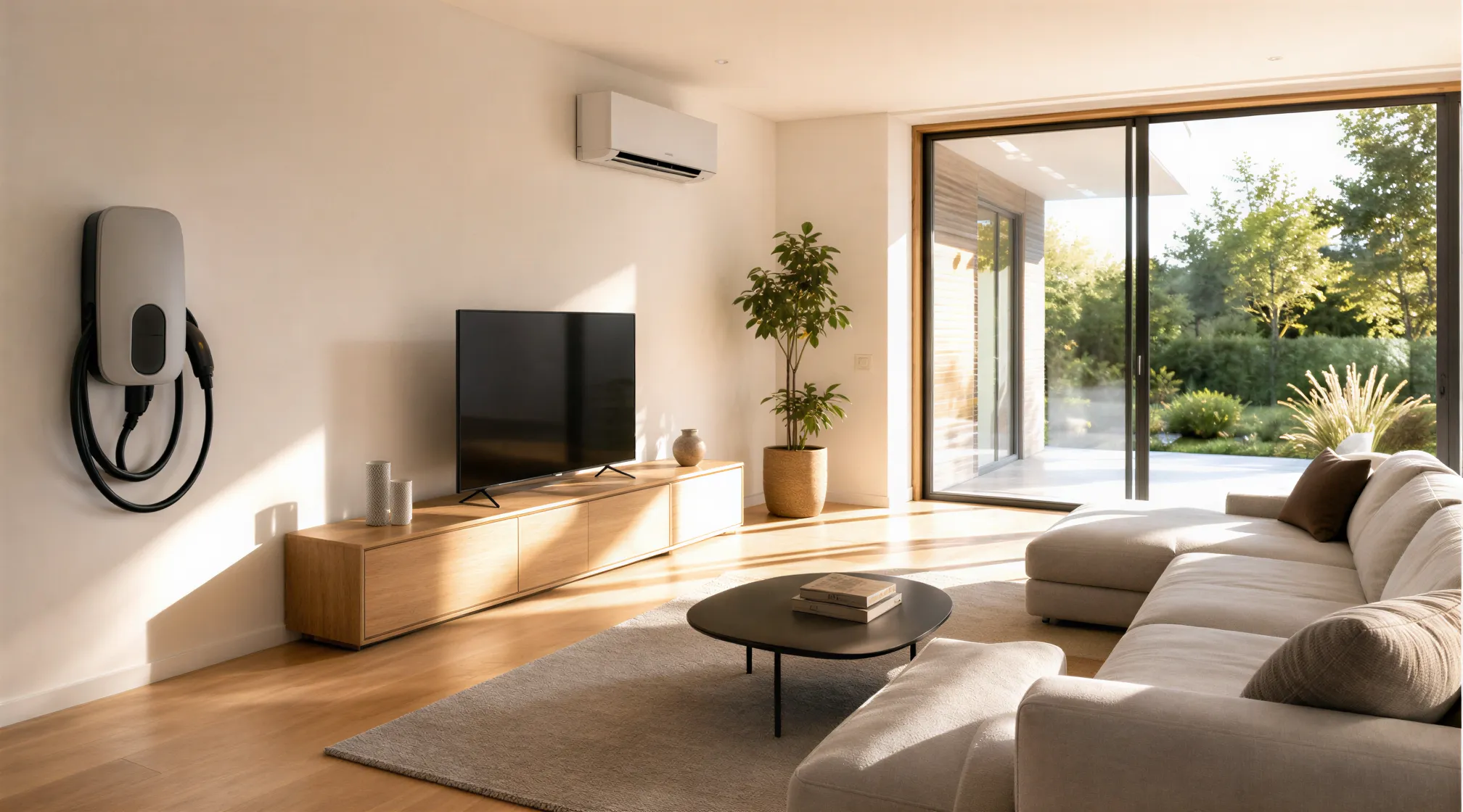 Ein modernes Wohnzimmer mit einer Wandladestation für Elektroautos und einem Klimagerät an der weißen Wand.