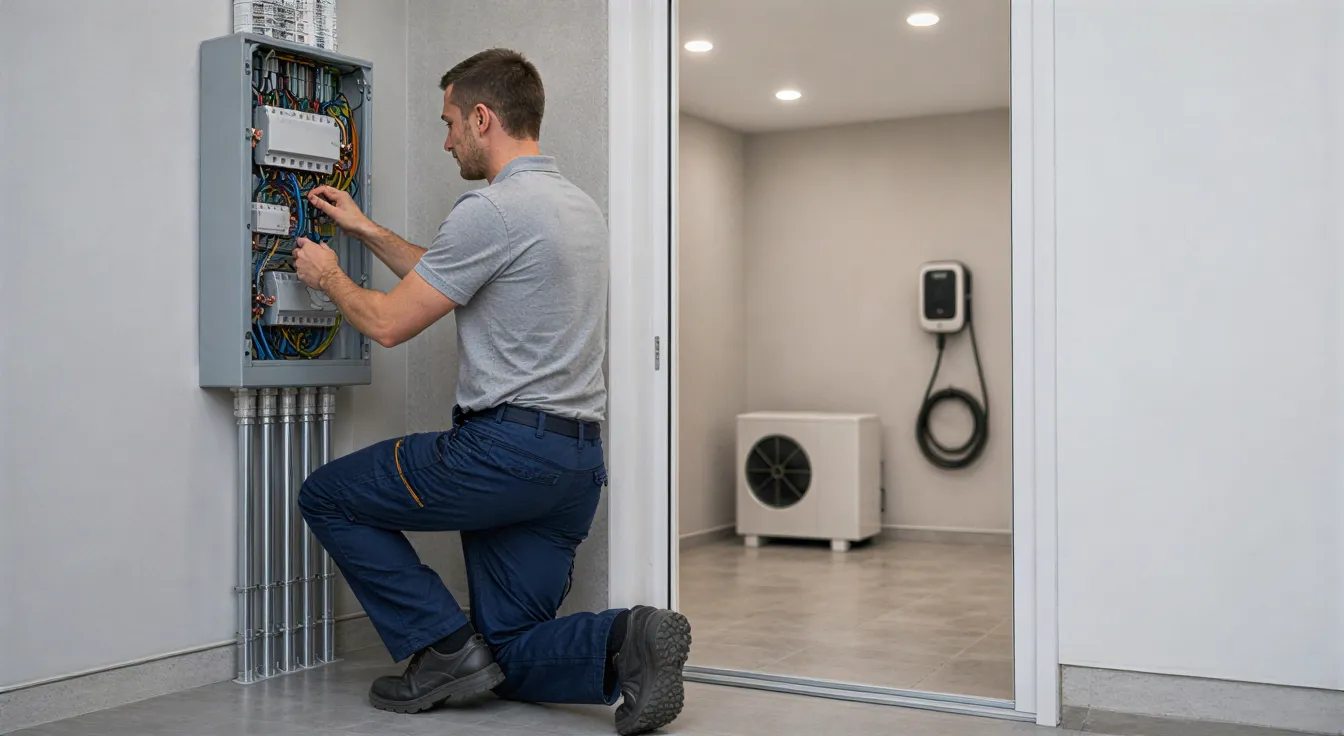 Ein Elektriker in moderner Arbeitskleidung installiert ein Elektropanel in einem neuen Hauswirtschaftsraum.