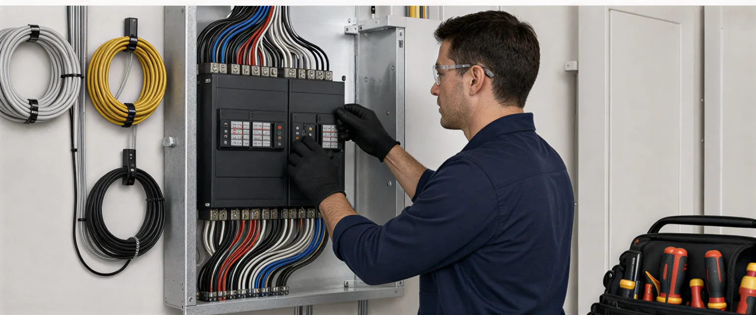 Ein Elektriker installiert präzise einen modernen Sicherungskasten in einem sauberen Elektroraum.