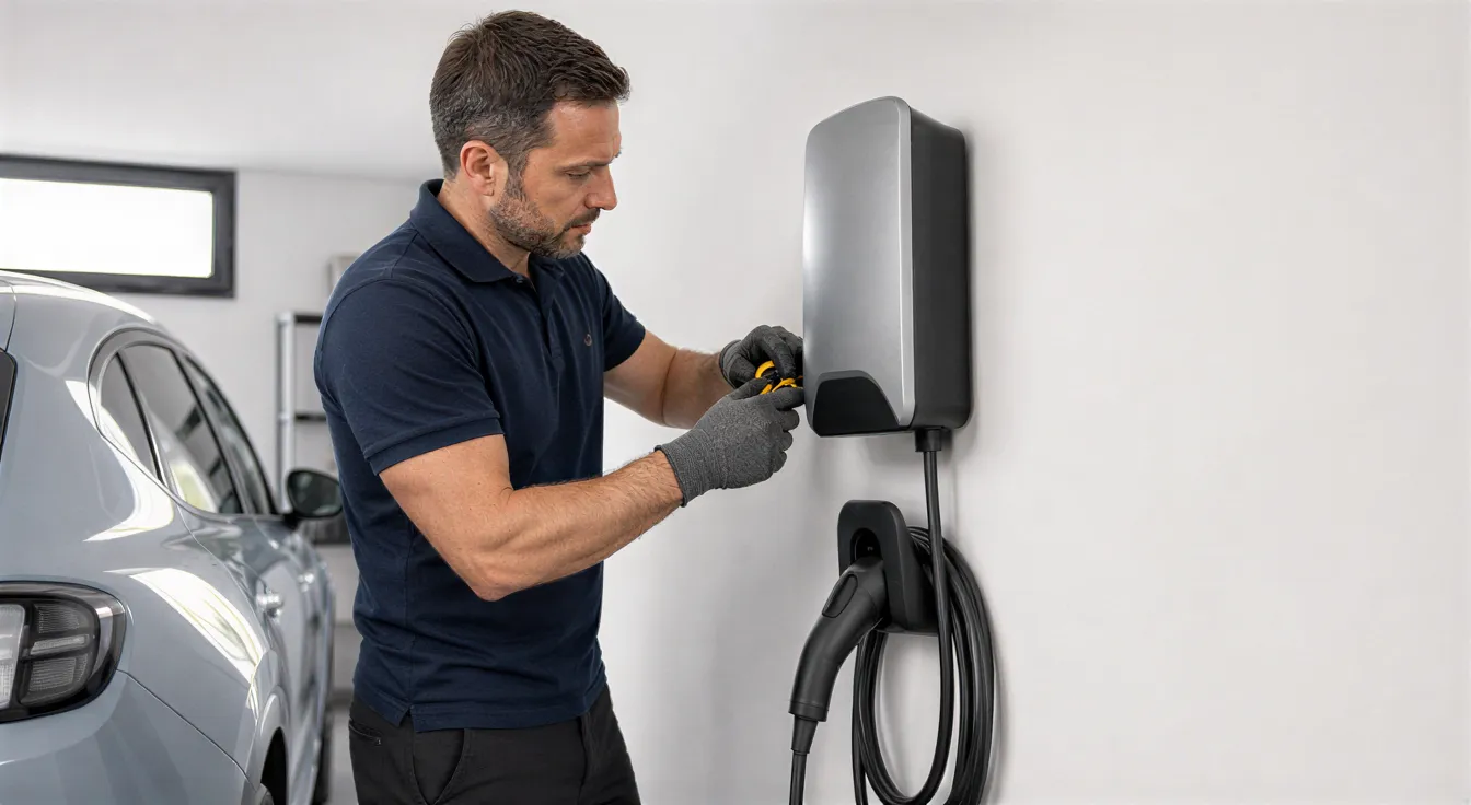 Ein Elektriker installiert eine moderne Wallbox für Elektroautos in einer sauberen Garage.