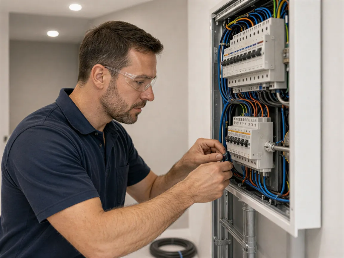 Ein Elektriker verbindet sorgfältig farbige Kabel in einem modernen Verteilerkasten in einem sauberen Technikraum.