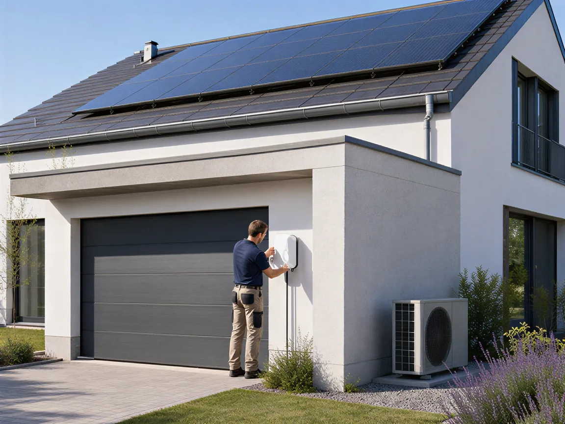 Ein Elektriker installiert eine Wallbox an einer Garage eines modernen Einfamilienhauses mit Solaranlage.
