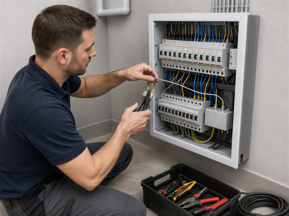 Ein Elektriker verbindet farblich gekennzeichnete Kabel in einer neuen Verteilerdose in einem modernen Technikraum.
