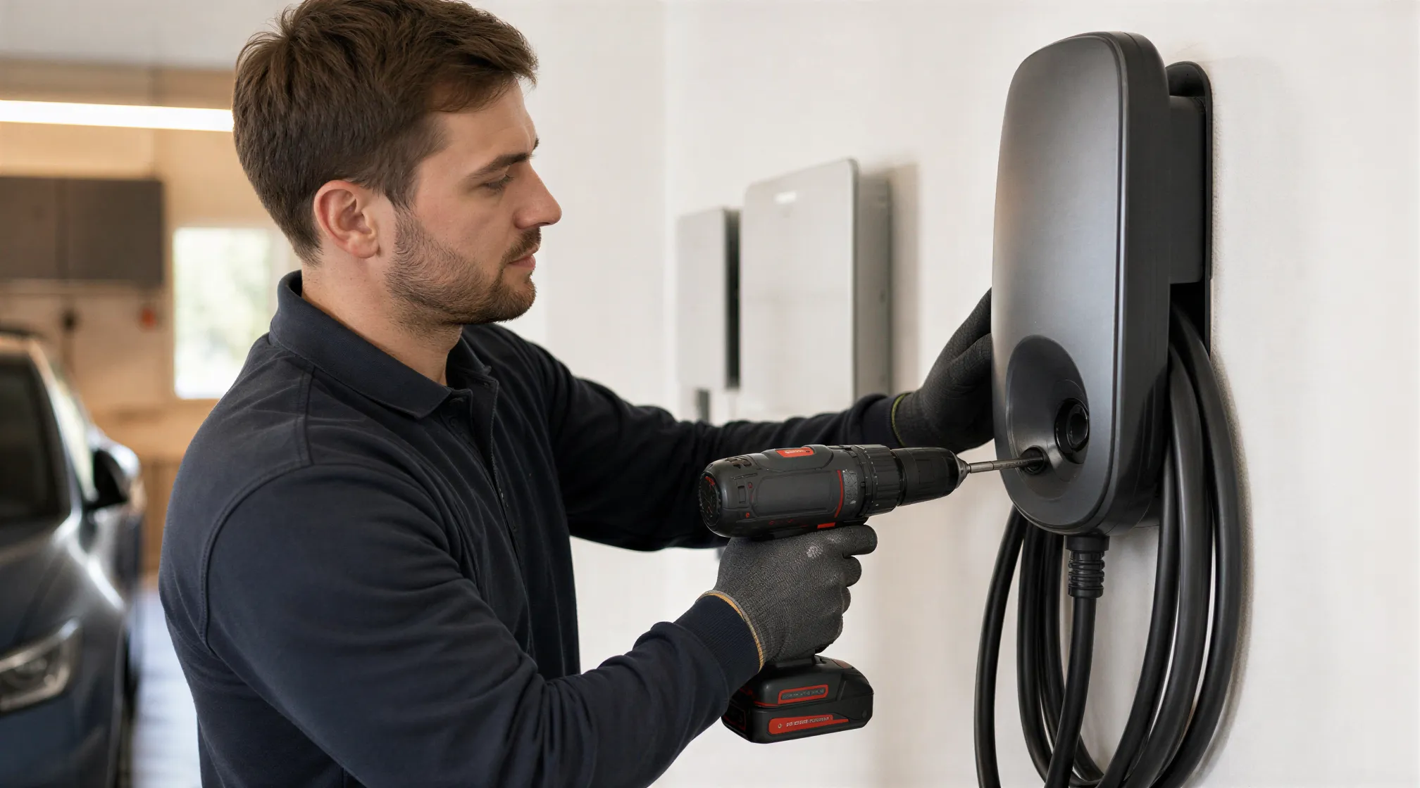 Ein Elektriker installiert eine moderne Wallbox für Elektroautos an einer weißen Garagenwand.