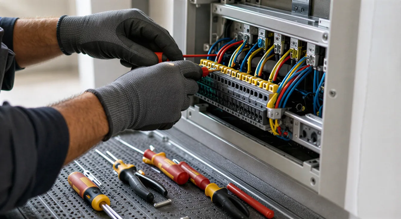 Ein Elektrifer in sauberer Arbeitskleidung installiert einen modernen Sicherungskasten in einem Hauswirtschaftsraum.