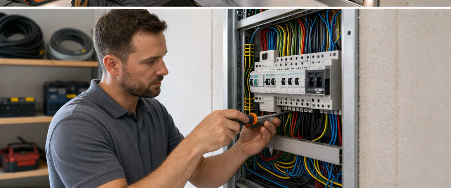 Ein Elektriker verbindet einen modernen Sicherungsautomaten in einem sauberen, weißen Verteilerkasten in einem Wohngebäude.