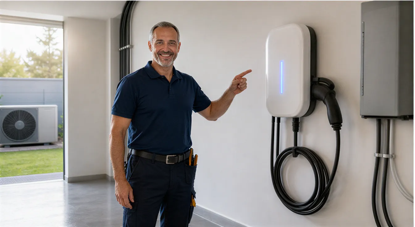 Ein Elektriker zeigt lächelnd auf eine neu installierte weiße Wallbox für Elektroautos in einer modernen Garage.