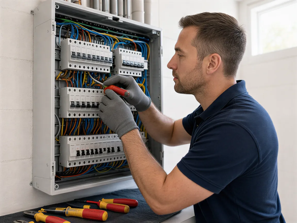 Ein Elektriker verbindet farbige, beschriftete Kabel in einem sauberen, modernen Verteilerkasten.
