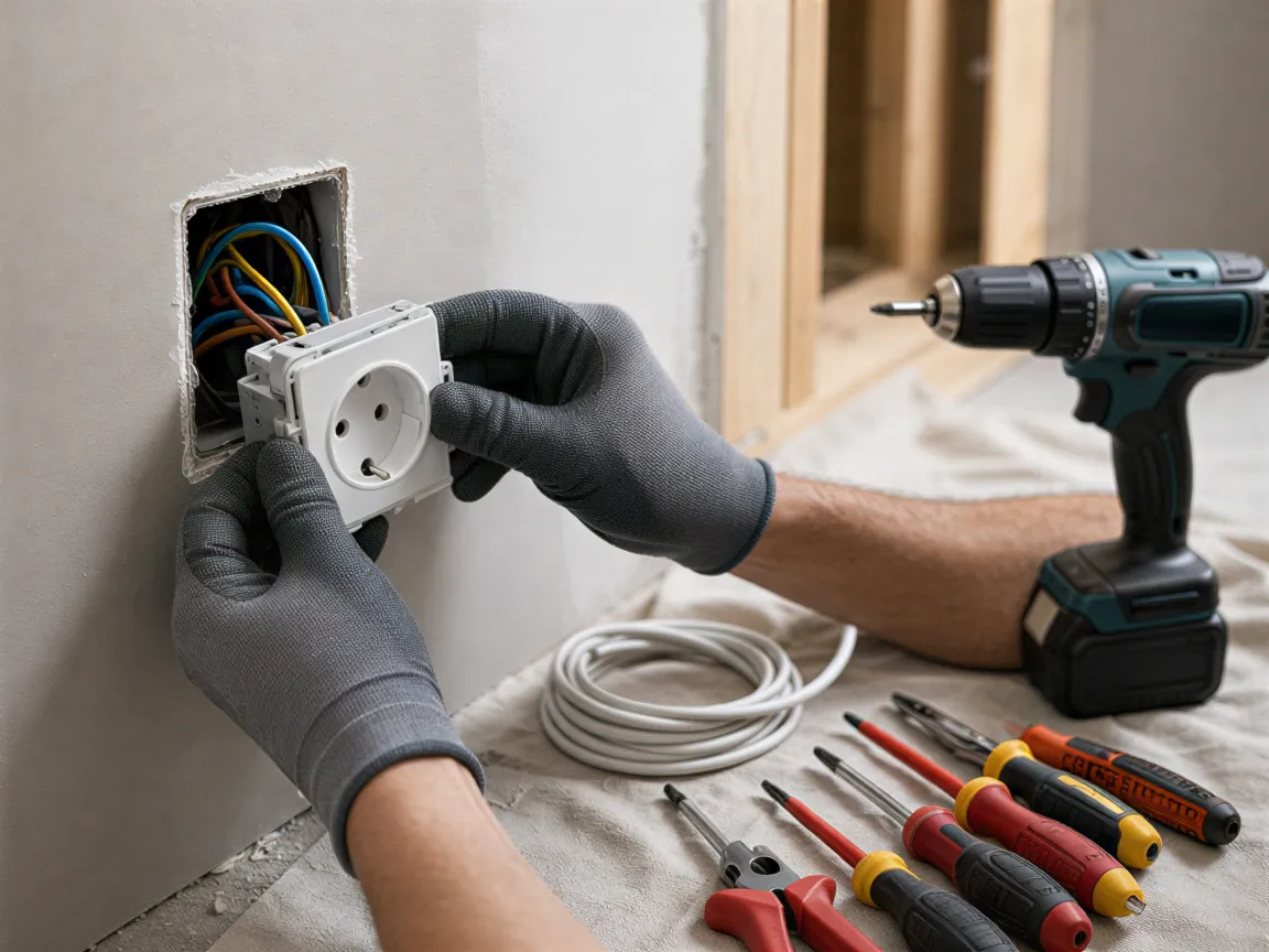 Die Hände eines Elektrikers installieren eine Steckdose in einer sauberen Wandnische während einer Renovierung.