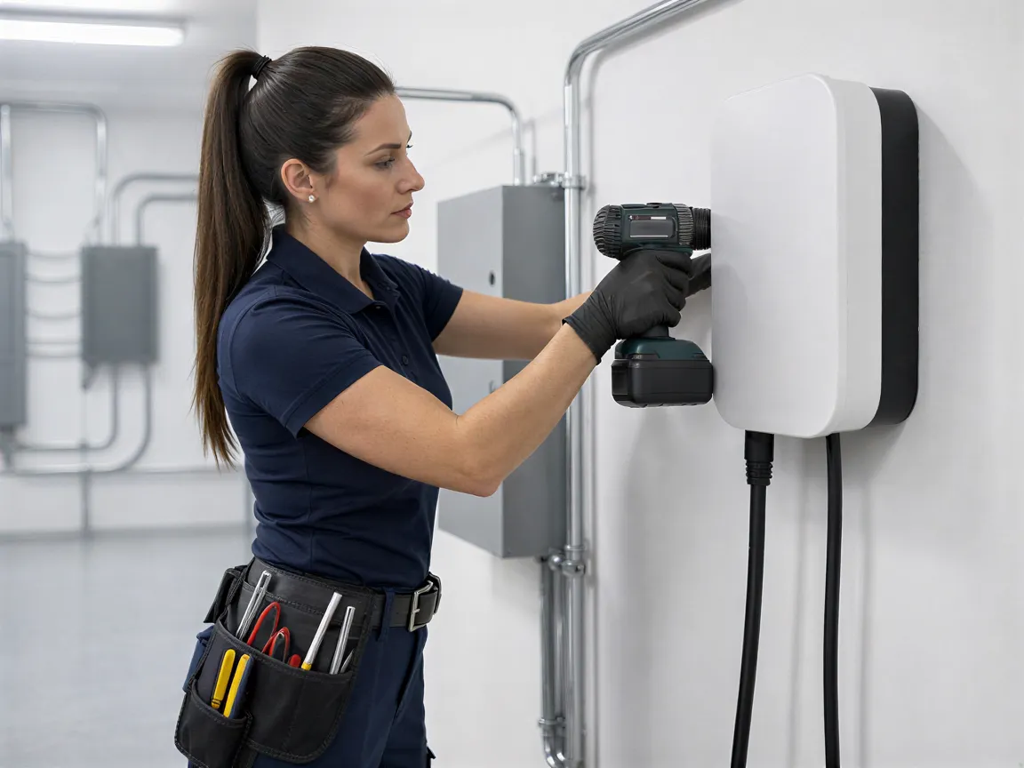 Eine Elektrikerin installiert eine weiße Wallbox-Ladestation für Elektroautos in einem modernen Technikraum.