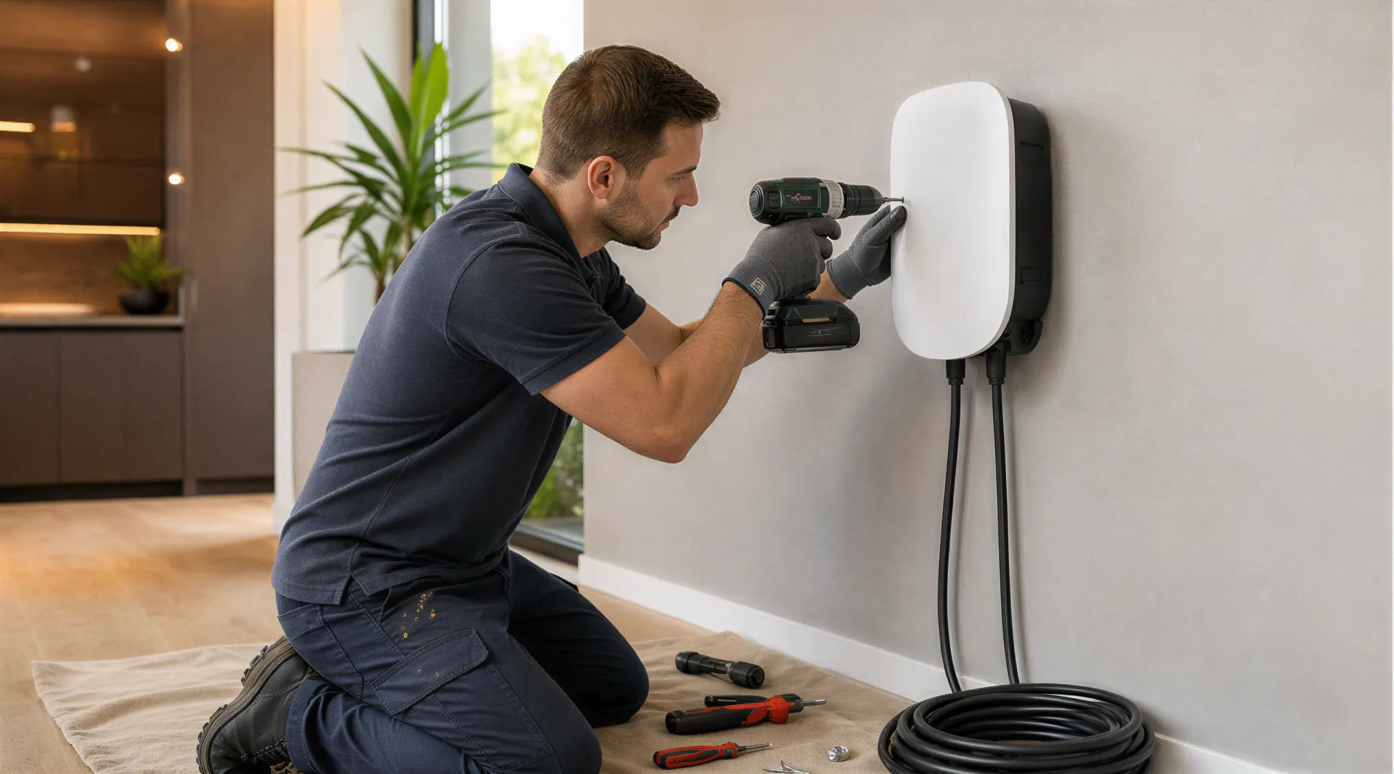 Ein Elektriker installiert eine weiße Ladestation für Elektroautos an einer hellgrauen Wand in einem modernen Wohnraum.