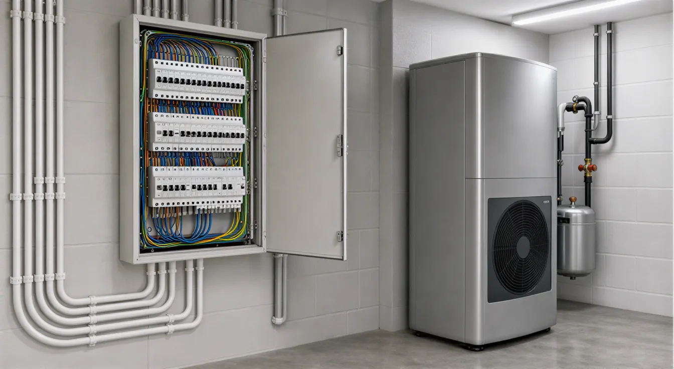 Ein ordentlich installierter Elektroverteiler mit weißen Kabelkanälen an einer hellgrauen Wand in einem sauberen Technikraum.