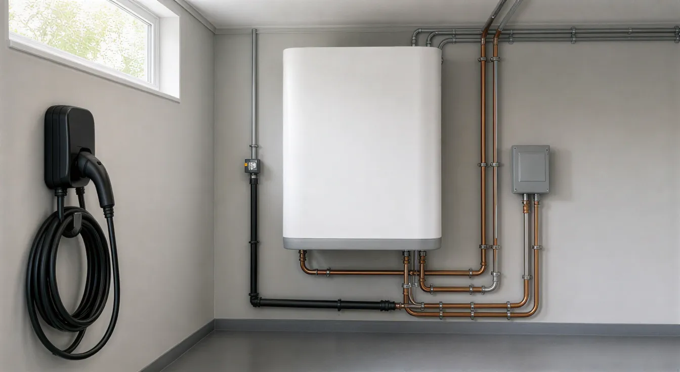 Ein weißer Wärmepumpen-Komplex mit Kupferrohren und einer schwarzen Wallbox in einem hellen Technikraum.