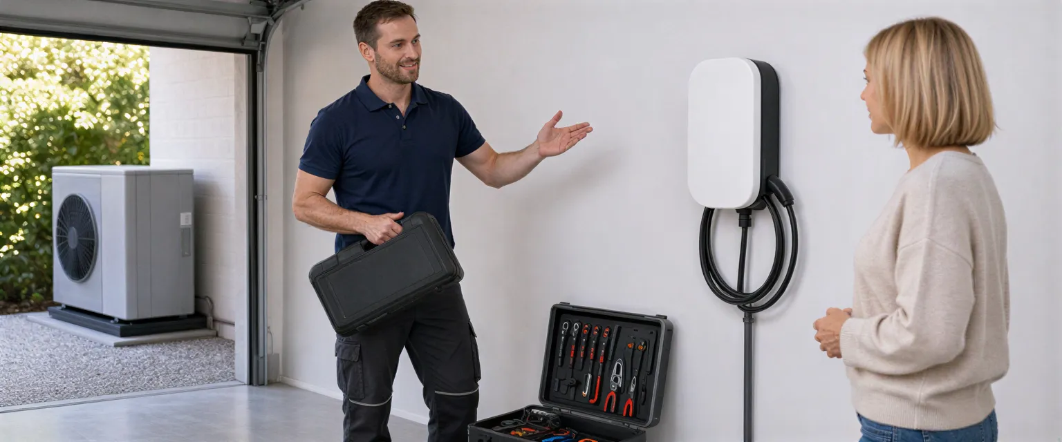 Ein Elektriker erklärt eine neu installierte Wallbox-Ladestation für Elektroautos in einer modernen Garage.