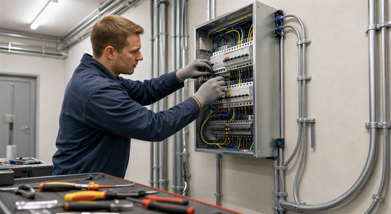Ein Elektriker in einem modernen Technikraum verbindet präzise Kabel in einem neuen Verteilerkasten.