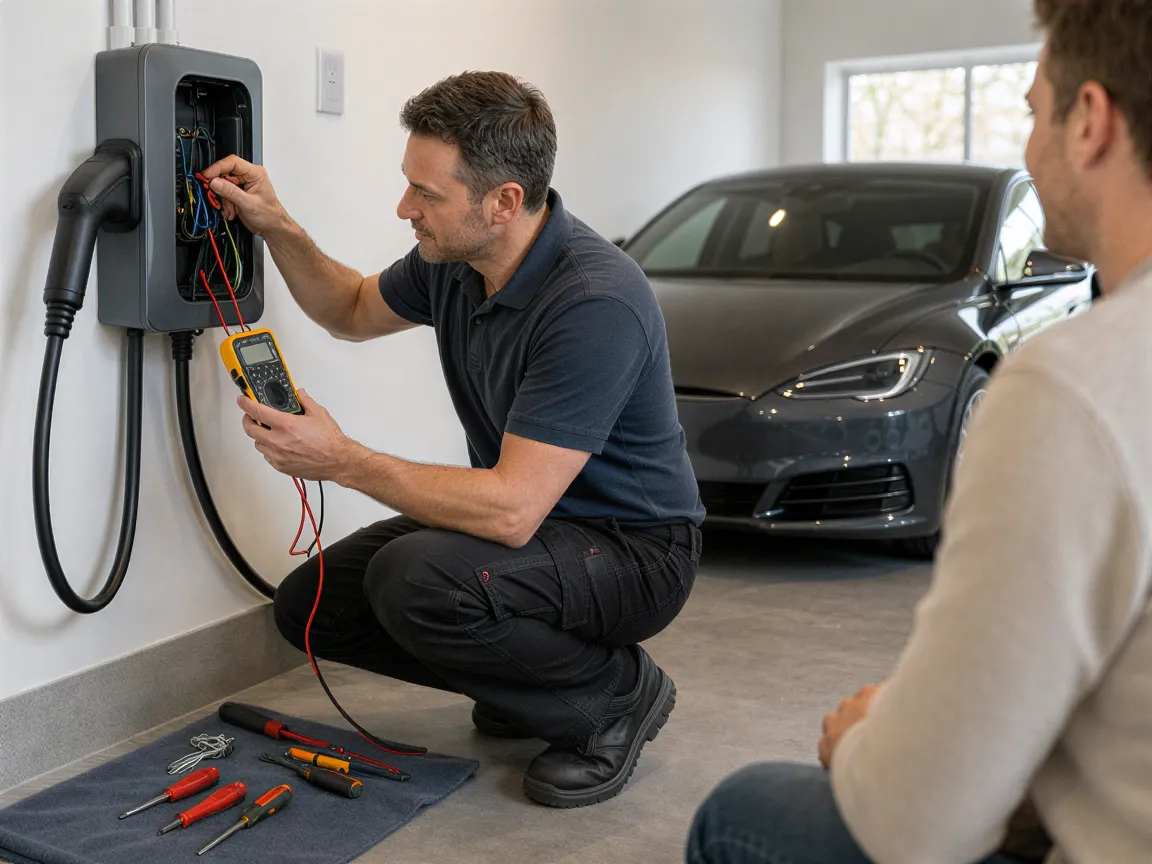 Ein Elektriker prüft mit einem Multimeter eine Wallbox-Ladestation in einer modernen Garage.