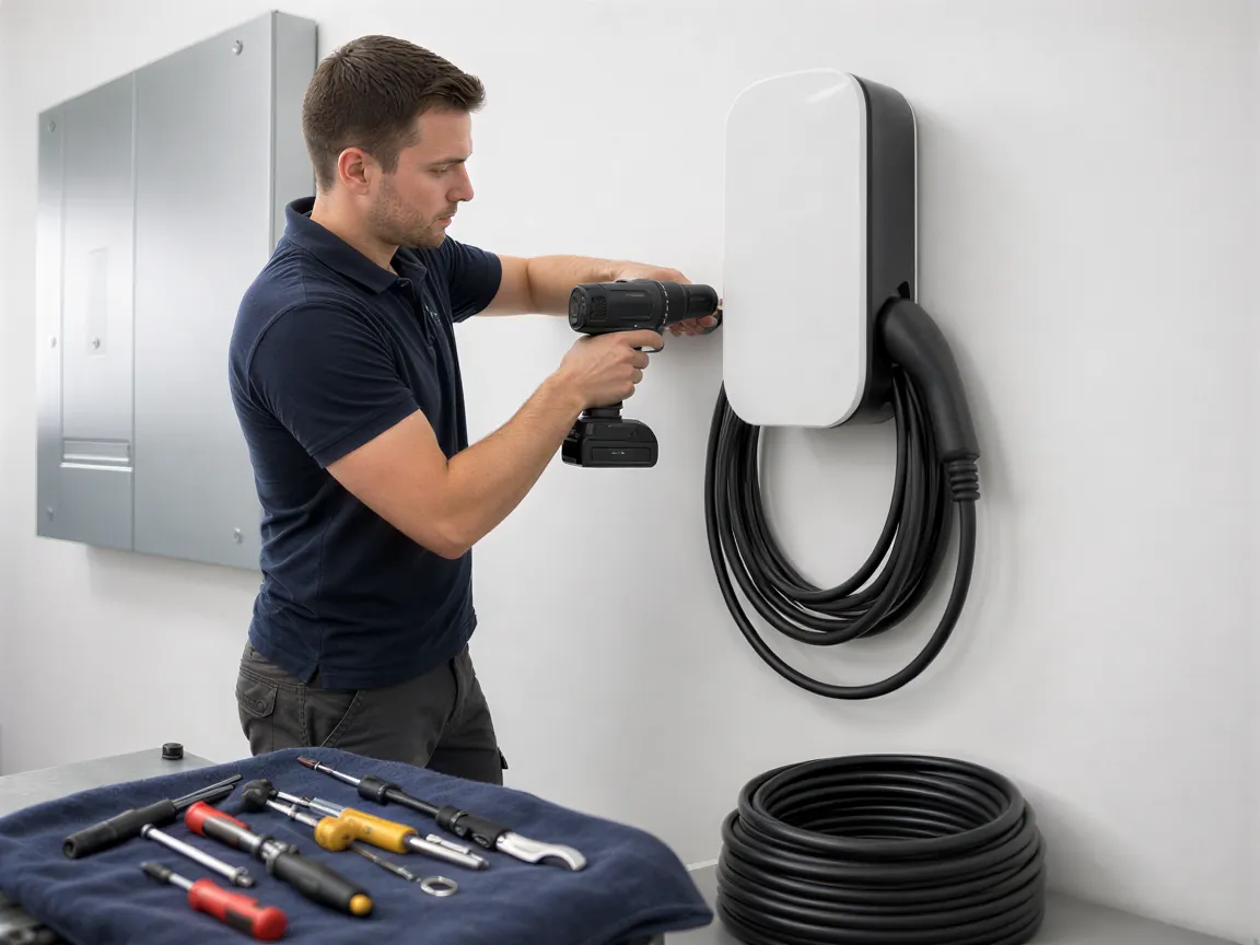 Ein Elektriker montiert eine weiße Wallbox-Ladestation in einem modernen Wohnungs-Installationsraum.