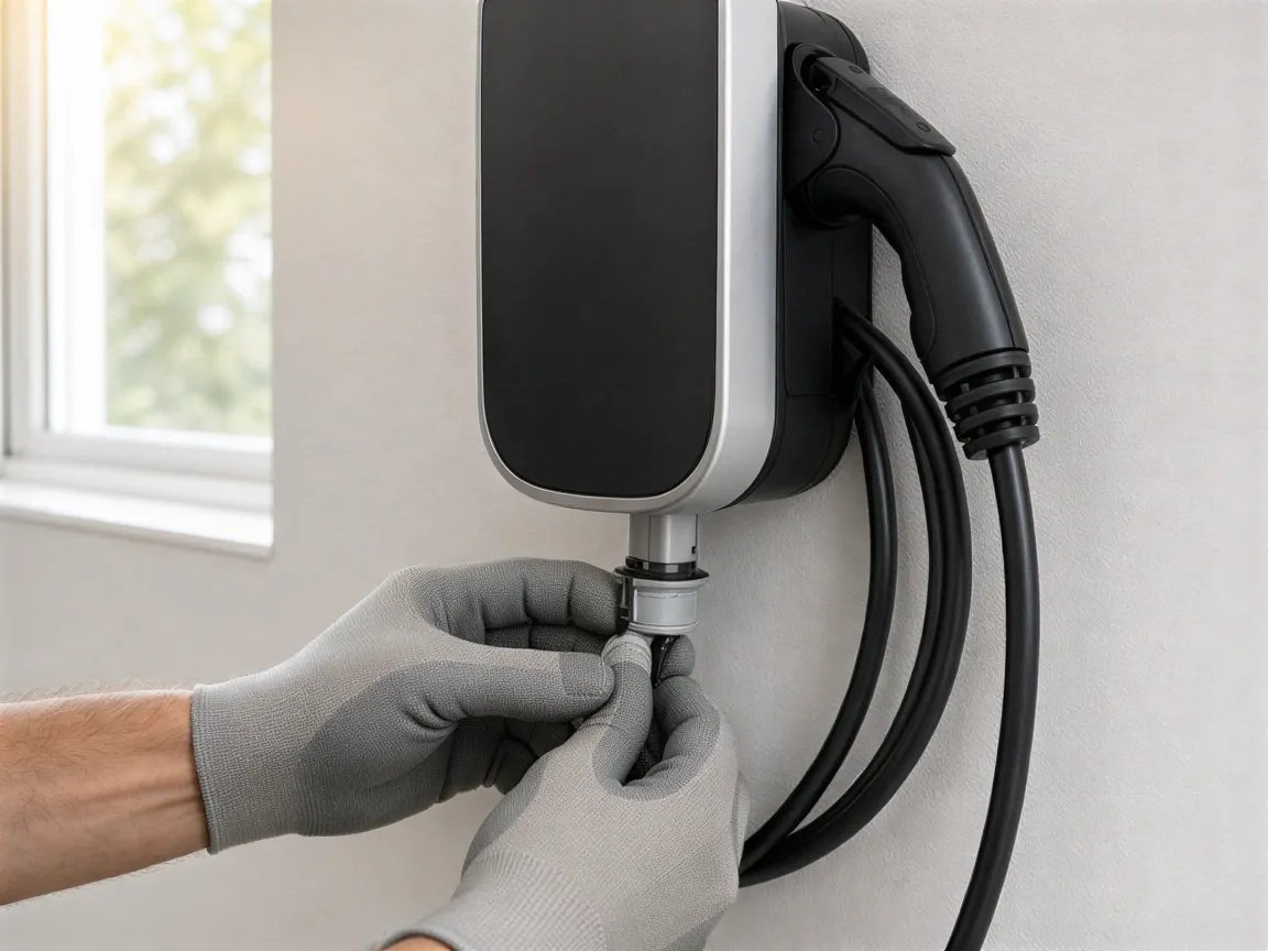 Ein Elektriker schließt eine moderne Wallbox für Elektroautos in einer sauberen Garage an.