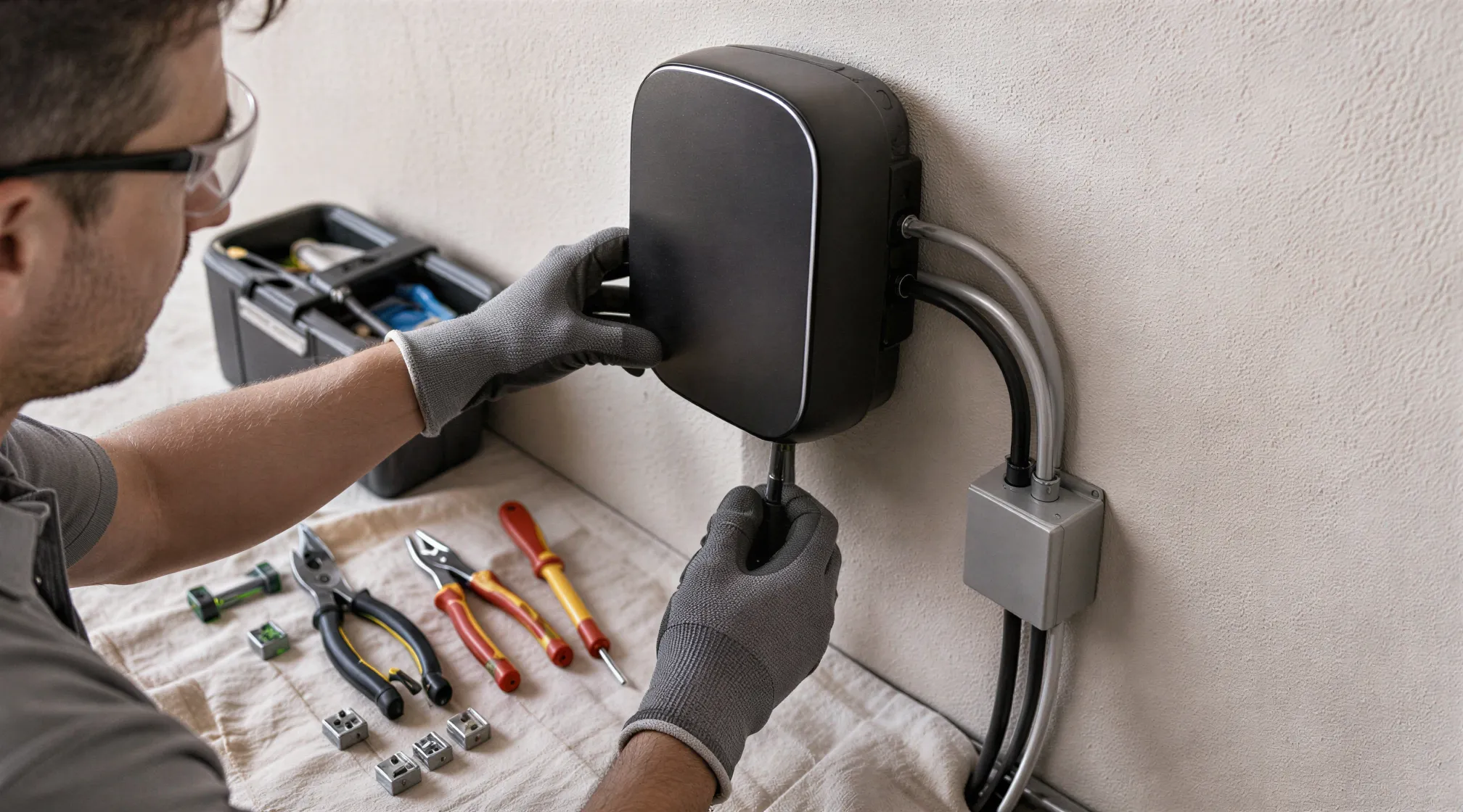 Ein Elektriker installiert eine schwarze Wallbox an einer hellen Garagenwand, Kabel und Werkzeuge liegen bereit.